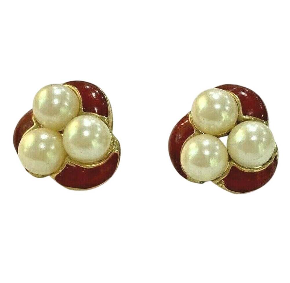 Vintage 80's clip on earrings gold tone with red enamel & imitation pearl beads